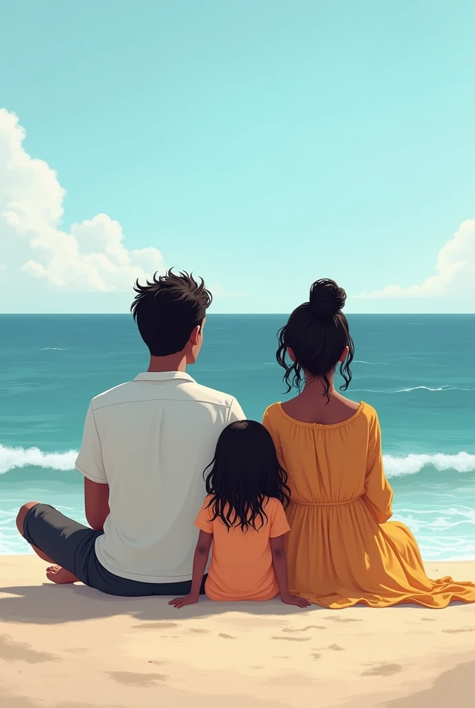 Crée moi une famille de 4 personne qui regarde l’océan un homme algérien cheveux noir un bébé une  de 6 ans algérienne cheveux long noir et une femme cheveux mi long marron 