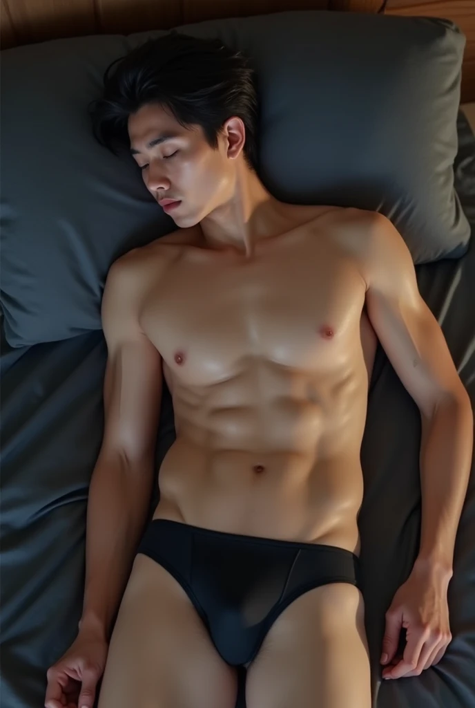 Norawit Titicharoenrak, T-pop star actor, 20-year-old, he is deeply sleeping, handsome , six packs, seeing his full body with sexy underwear, sleeping on the floor