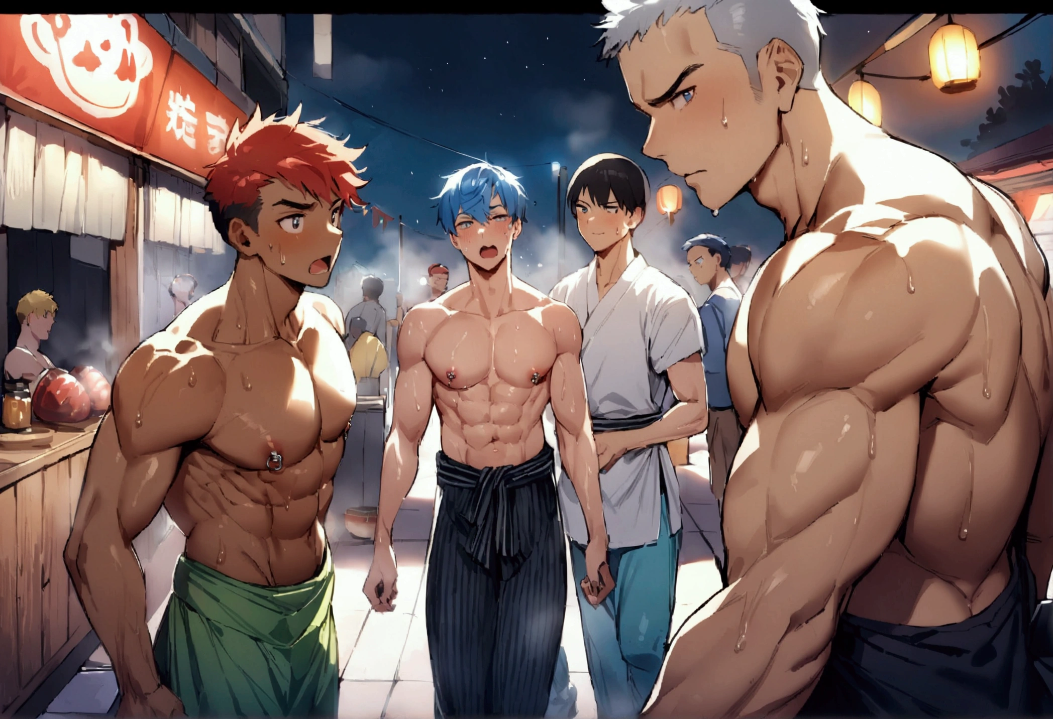 4boys、Highest quality、High resolution、Super detailed、perfect anatomy、(muscular male:1.3)、(father:0.2)、yo、nipple piercing、gay、Blue Hair、Blonde、Black Hair、Gray Hair、Red hair、Short Hair、Sports haircut、short hair、Brown skin、(sweat:1.3)、steam、night、Summer festival、(Wearing a Jinbei)、enjoy、wide view