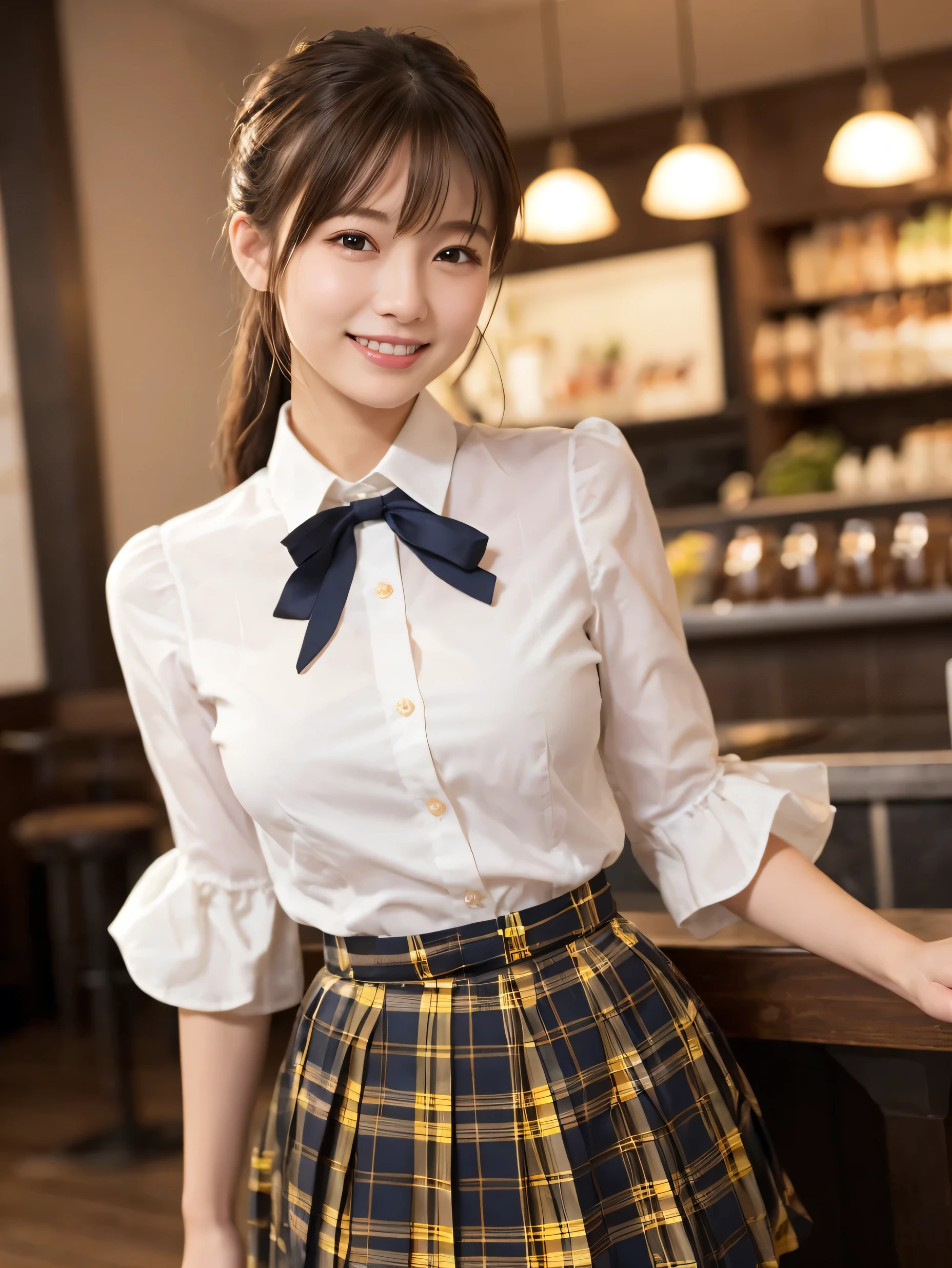 1 girl、(RAW Photos、Highest quality)、(Real、Photoreal:1.4)、Tabletop、Very delicate and beautiful、Very detailed、2k wallpaper、wonderful、Detailed、very detailedCG Unity 8K wallpaper、Super detailed、2、High resolution、(Yellow tartan waitress outfit)、Pleated skirt、Elegant skirt、Big Breasts、Frills、ribbon、Soft Light、Beautiful detailed girl、Puff sleeves、Cafe waitress、smile、Happy Face、Cafe