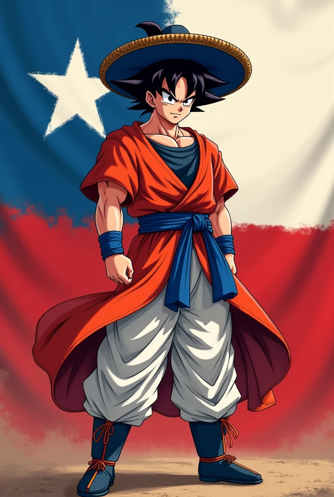 Goku dressed as if he were from Chile (red, blue and white) and in the background the flag of Chile