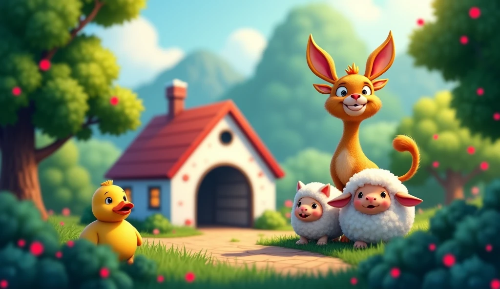 A cow, a yellow duck, a golden cat and a sheep, all happy
