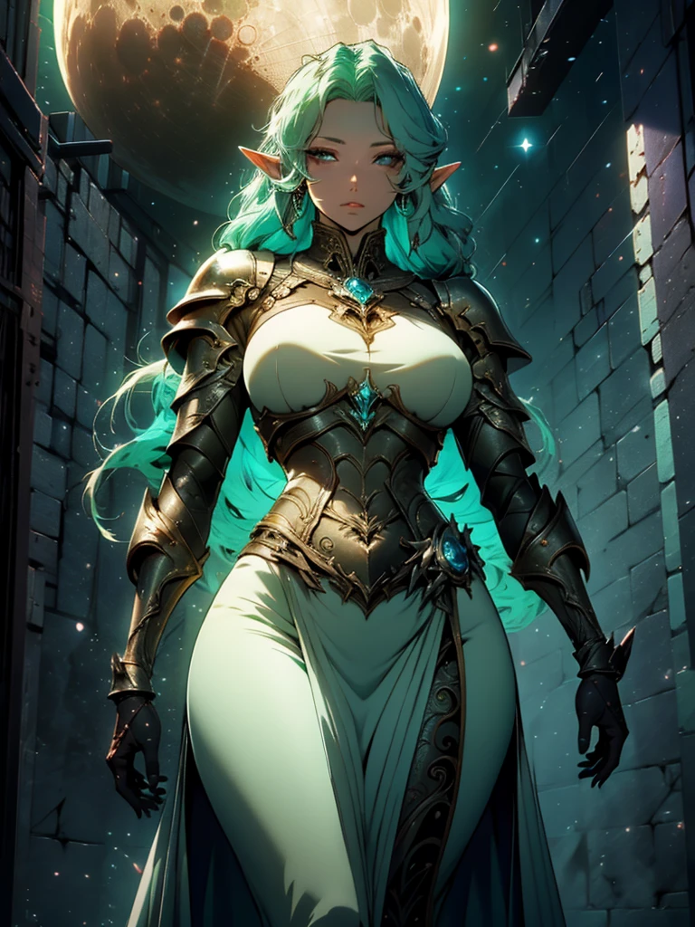 an elf with black skin and armor, a screenshot of Hazel Armor, afrofuturism, beautiful dark elf countess, beautiful paladin, of a beautiful female warframe, beautiful anime goddess with long green hair, big breasts, wearing a short dress, key anime visual, moon, intricate, hips, highly detailed, wide hips, breathtaking beauty, vibrant and sharp focus, illustration,Alta resolução, 