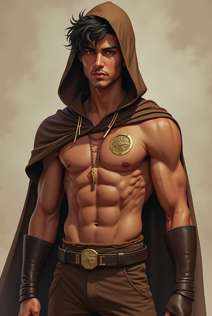 Handsome Brazilian man. Hero outfit. Brown Color outfit. Logo in outfit: souls .with hood and cape. No top. Lean bulk. He has self trust issues. He's more in skinny side