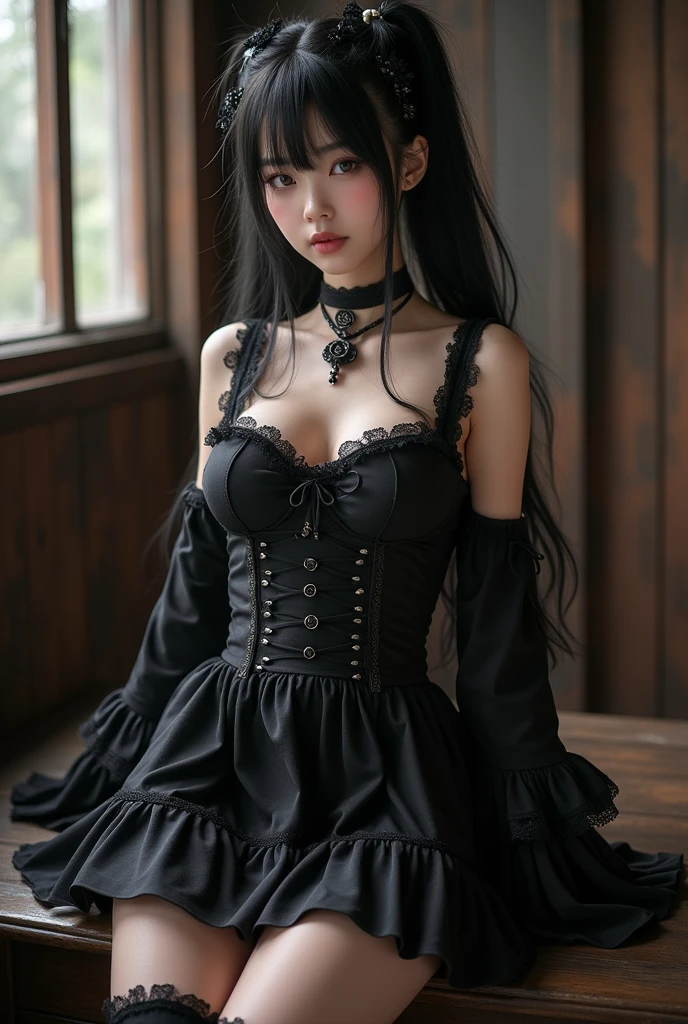 masterpiece, beautiful Japanese girl, perfect body, head to toe, big breasts, small waist and wide hips, ponytail hairstyle, merciful face, gothic lolita style, short black skirt, low-cut black top, black knee-high socks