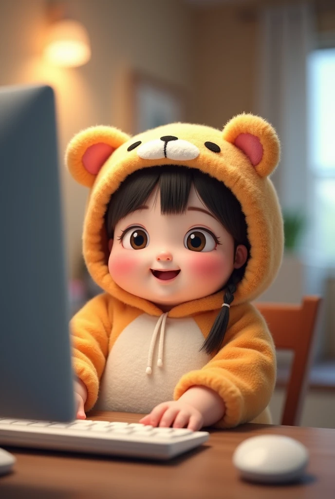 (girl),(()) ,3d images ,Highest quality 8K ,Chubby body shape,((Very fat)),Pink cheeks,podgy,Good mood,((Use a computer)),((work)),((Open your eyes.)),Put on a stuffed animal costume,Balanced lighting,blurred background,Middle of the picture