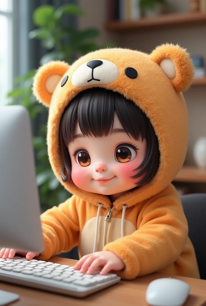 (girl),(()) ,3d images ,Highest quality 8K ,Chubby body shape,((Very fat)),Pink cheeks,podgy,Good mood,((Use a computer)),((work)),((Open your eyes.)),Put on a stuffed animal costume,Balanced lighting,blurred background,Middle of the picture