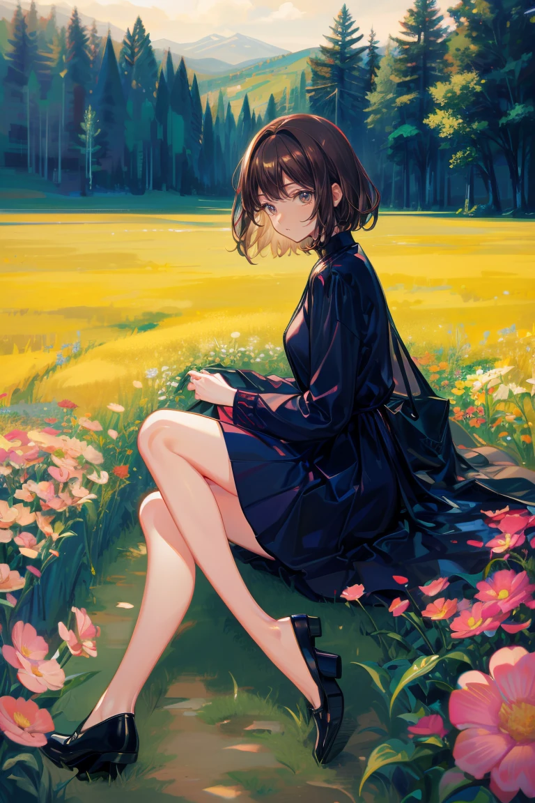 (Highest quality,4K,High resolution,masterpiece:1.2),Very detailed,Realistic:1.37,,(whole body, I can see your feet and your shoes: 1.2),、Anime Style、Storytelling、beautiful、とてもcute天使、Cream dress、simple、Simple、cute、Baby Face、Pure、Long skirt、 Delicate facial features, Vermilion cheeks、青いFlower Field、Flower Field、Dark brown hair、short hair、Transparency、Backwards、Small breasts、Dark brown eyes