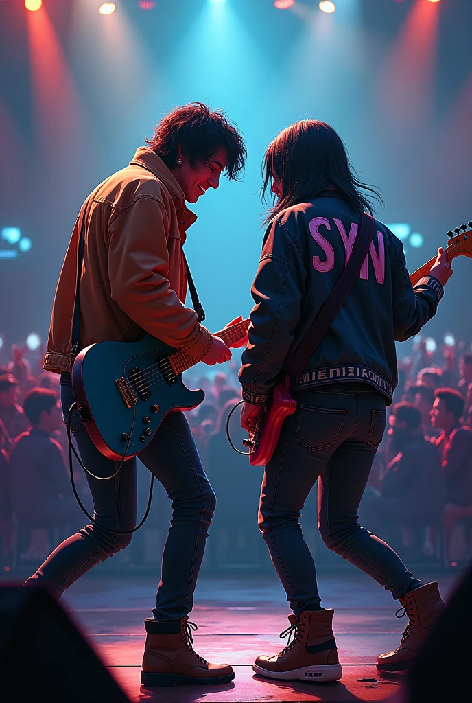 For a 2 man playing guitar on stage wearing a jacket with the words "SYN"