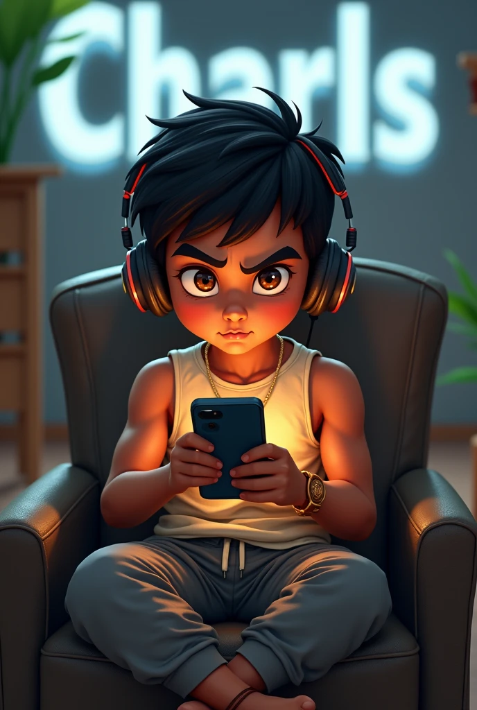 Create a picture of an Indian agressive boy who is 2 and physically good and wear a halt tshirt and joggers and wear a headphone and have a mobile phone in his hand he is casually sitting on a chair and there is writing charls on the background