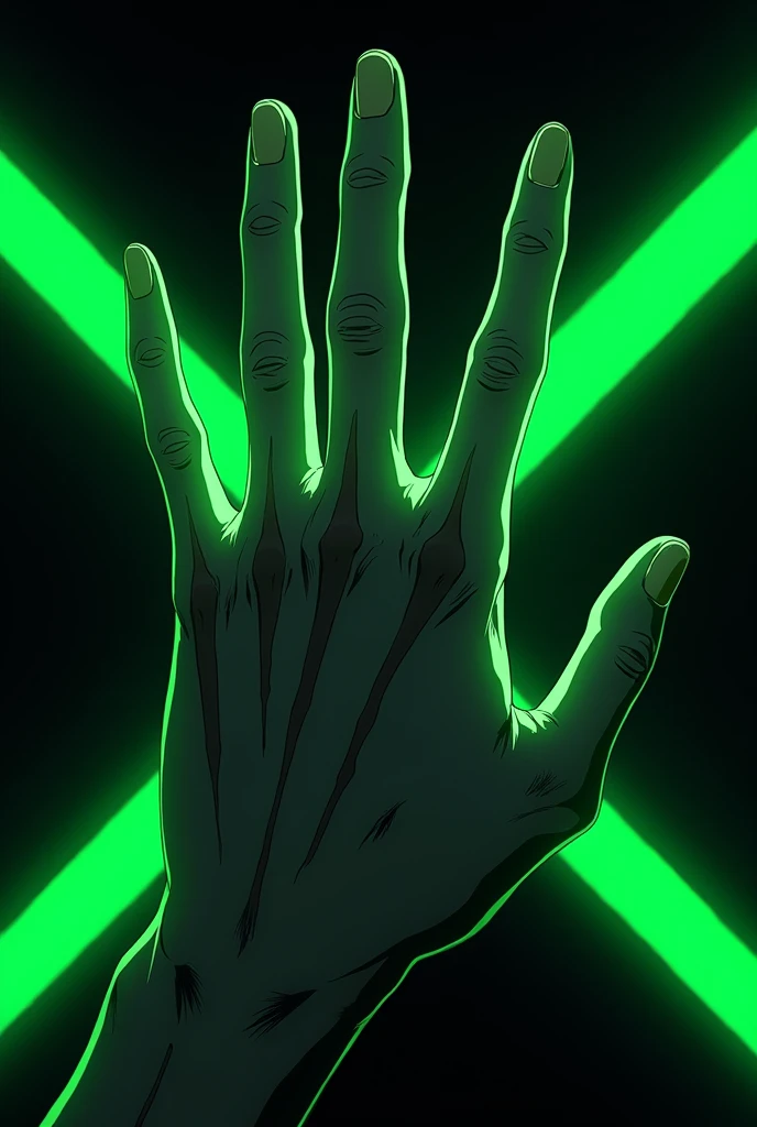 Anime Hand of a White Adult Man. With a black background with neon green rays