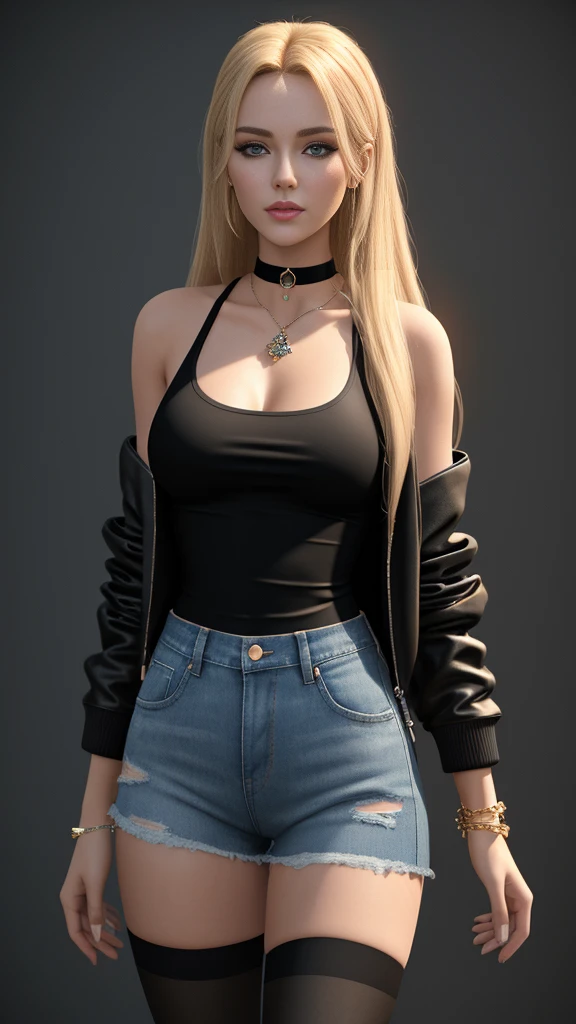 Masterpiece, best quality, Long blonde hair, beautiful face, Wear a black choker, black tank top, Tight-fitting denim shorts, Slender figure, Wrap around jacket, Wear jewelry on your wrist., Wearing thigh-high orange stockings,  fit, sexy, Standing against a painted wall, 30k, 3d, Exquisite clothing details, high resolution, film lighting, perfect light, Physics-based rendering