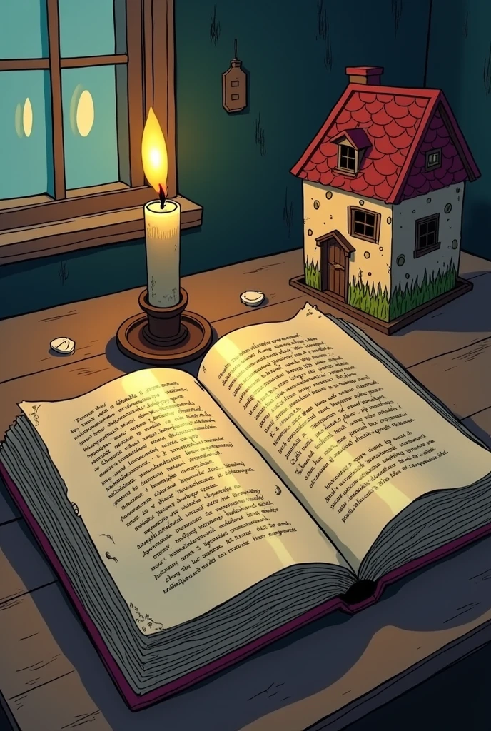 A book wide open on a table, rather thick, with small writing on the left and right pages.. A candle next to a pretty house in a 2D French comic book style