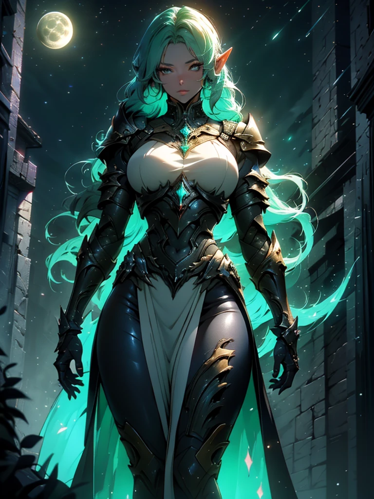 an elf with black skin and armor, a screenshot of Hazel Armor, afrofuturism, beautiful dark elf countess, beautiful paladin, of a beautiful female warframe, beautiful anime goddess with long green hair, big breasts, wearing a short dress, key anime visual, moon, intricate, hips, highly detailed, wide hips, breathtaking beauty, vibrant and sharp focus, illustration,Alta resolução,