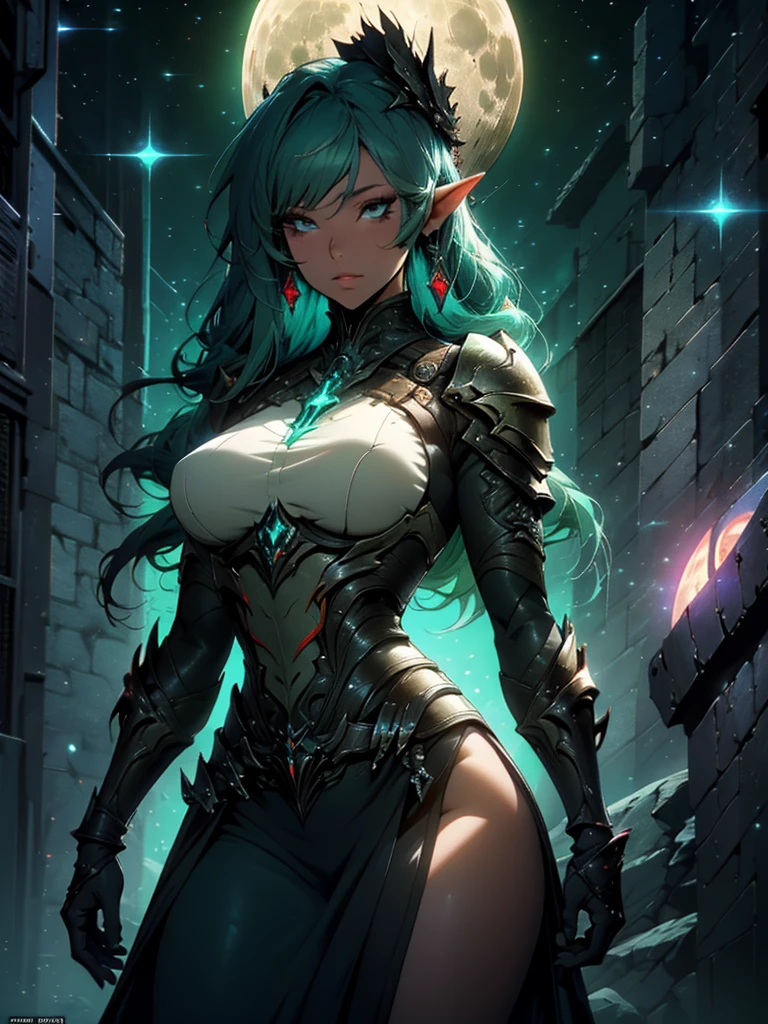 an elf with black skin and armor, a screenshot of Hazel Armor, afrofuturism, beautiful dark elf countess, beautiful paladin, of a beautiful female warframe, beautiful anime goddess with long green hair, big breasts, wearing a short dress, key anime visual, moon, intricate, hips, highly detailed, wide hips, breathtaking beauty, vibrant and sharp focus, illustration,Alta resolução,