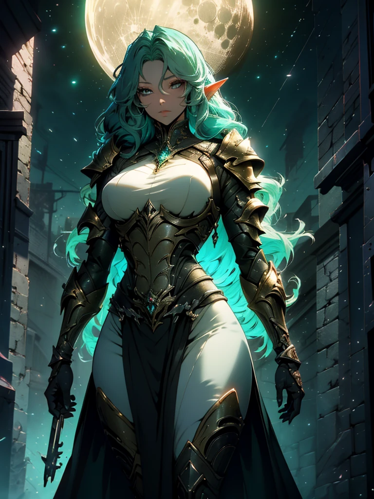 an elf with black skin and armor, a screenshot of Hazel Armor, afrofuturism, beautiful dark elf countess, beautiful paladin, of a beautiful female warframe, beautiful anime goddess with long green hair, big breasts, wearing a short dress, key anime visual, moon, intricate, hips, highly detailed, wide hips, breathtaking beauty, vibrant and sharp focus, illustration,Alta resolução,