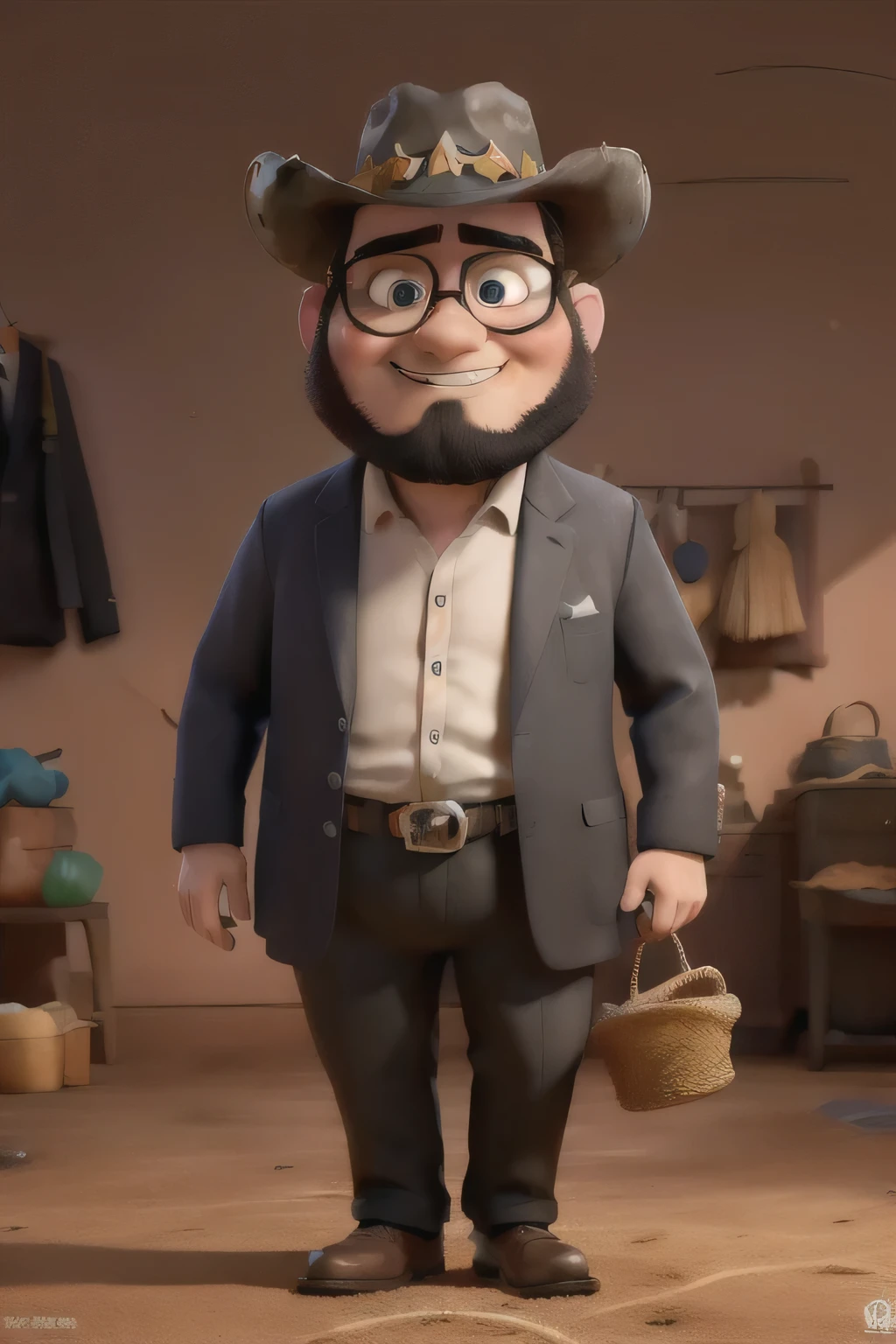 Disney Pixar inspired movie poster with title (Dema of Horses). (Tall man, sem beard, shaven hair, cowboy hat, fatter, glasses and black suit). The scene should follow an art style similar to Pixar's, Focusing on Characters' Expressions, swirly vibrant colors, Detailed textures and features of your animations.