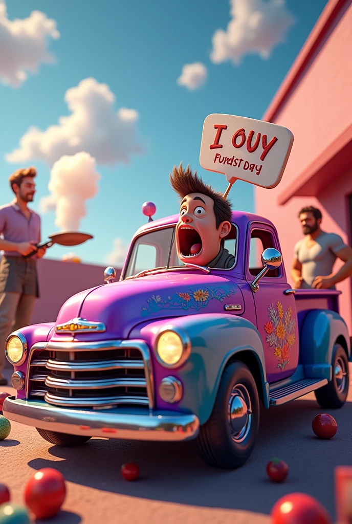 3D poster inspired by Pixar/Disney capturing a scene with a 23-year-old man, black hair , short spikes. Use it in your recording studio. He is happy using his black iPhone 11 to create content for Instagram. The studio has lamps and lights that add depth to the scene. The title "RAYLTO CDS" stands out on the front of the poster