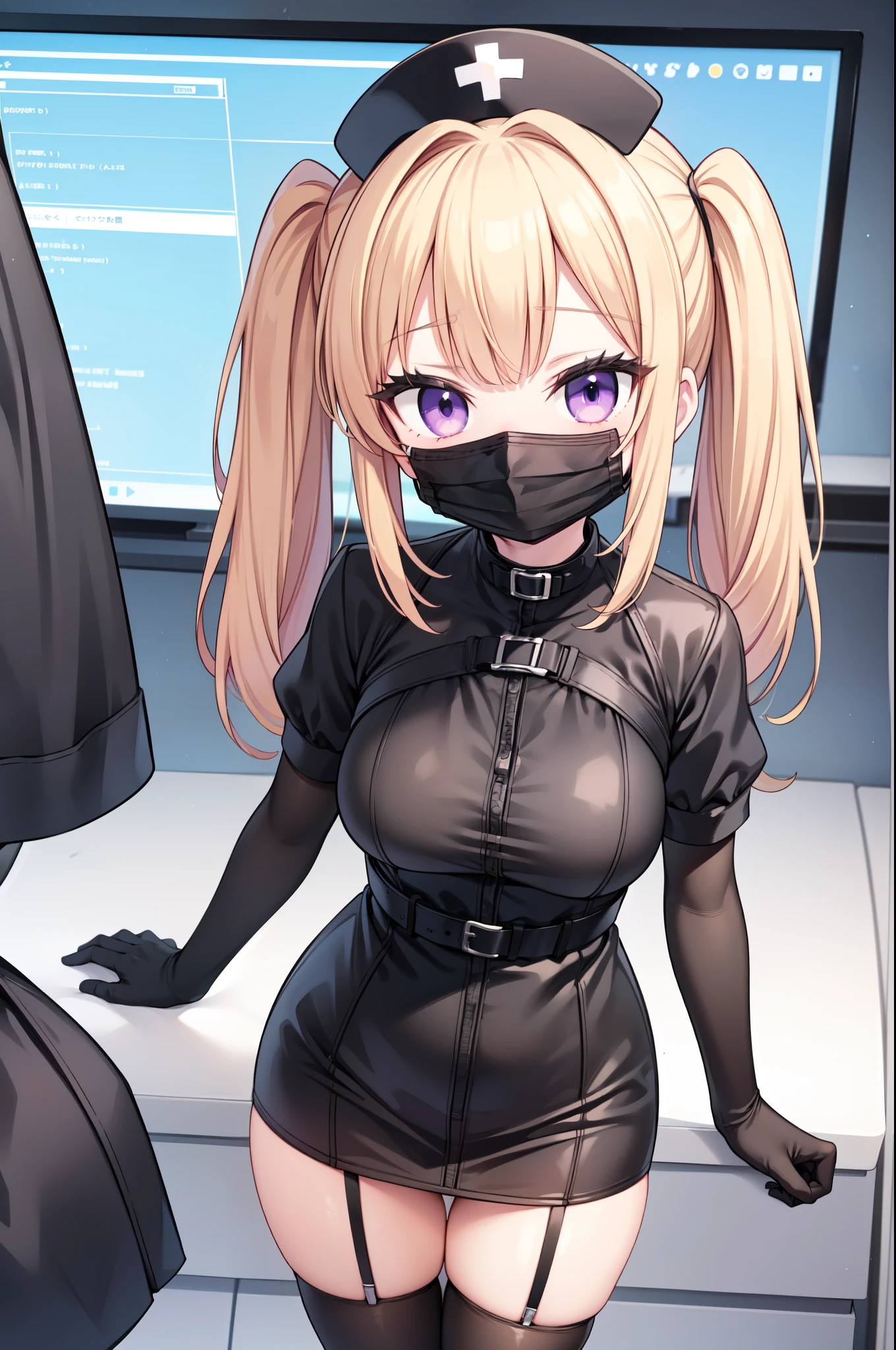 black nurse, 1girl, solo, black nurse cap, black nurse uniform, ((black legwear, zettai ryouiki)), black elbow gloves, twintails, yellow hair, purple eyes, ((black surgical mask, covered nose)), standing, ((surgery room)), sharp outline, short sleeves, best quality, masterpiece