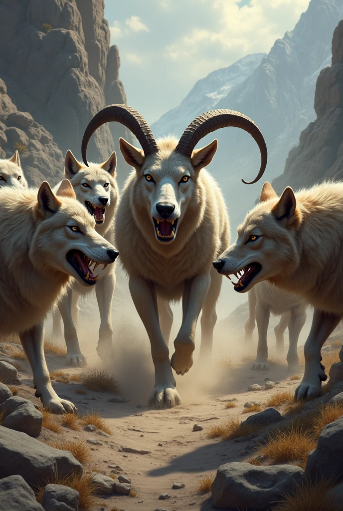 A goat being bitten by 6 wolves and only one wolf is sad.