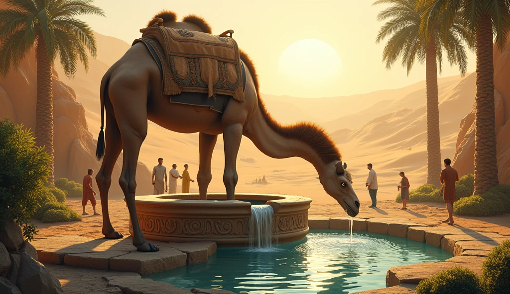 A shot showing a camel drinking from a well, with water flowing abundantly, while people stand scattered around it.