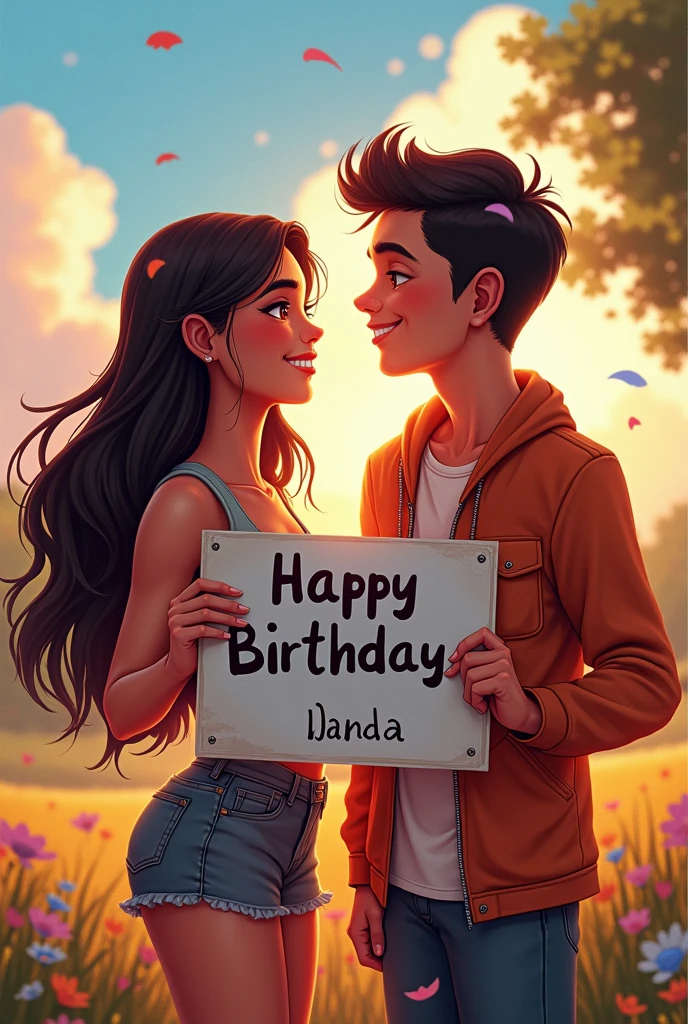 A young man with light brown skin and dark reddish brown eyes , a little muscular and short hair happy called Juan Esteban Gutiérrez Ortiz because in front of him is his friend Danna with dark skin, dark brown eyes and very long hair down to her tail (women) young man holding a sign that says "Happy birthday Juan Esteban Gutiérrez Ortiz ⁠♡" that they look at each other&#39;s faces with joy and in the background there is a landscape that represents that joy and that they have a nice matching outfit , but they look younger and the boy is like flirtatious and with hair a little shorter And the young girl looks a little younger with a submissive face, Well, they are looking slightly at the camera here in front. , This image is perfect, I need the poster to be more colorful and happy and what it says "Happy birthday Juan Esteban" This one with degraded and very epic letter and that they look towards my first perspective