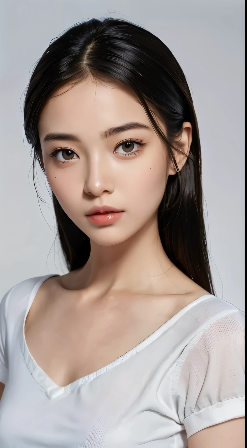 (table top)、2、(Amazing super beauty)、Neat face、깨끗하고 Neat face、top quality、masterpiece、intricate details、depth of field、top quality、The contents are very detailed..、high resolution、4K、超high resolution、hyperrealism、Hental Realism、upper part of the body、long black hair,white short sleeve,shoulder、A beautiful light came in、1 girl、alone、detailed face、eye for detail、Looks like real skin