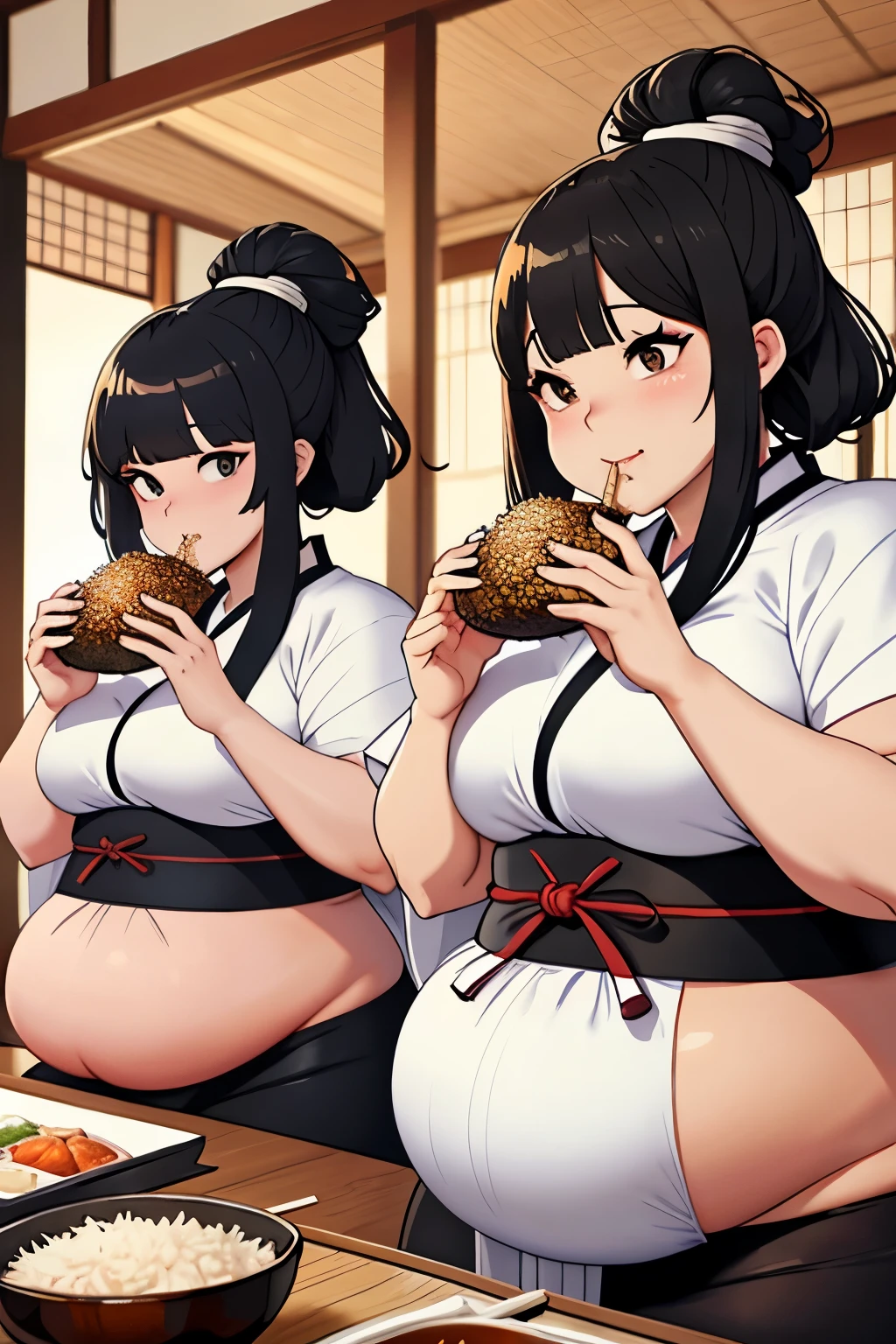 2fat sumo girls eating a lot of rice bowls, black hairs, black eyes, minimalistic white sumo mawashi outfits, inside Japanese temple background, medieval Japan