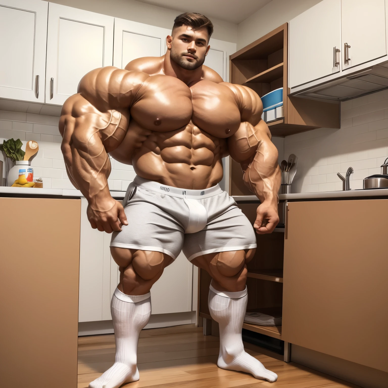 full view full body, Awesome Ole Kristian Vaarga extremely bodybuilded over-muscular male, with all his muscles hypertrophied, over-inflates shoulders, His pecs are huge and exaggeratedly overinflated, ready to explode, abs, legs, biceps, twice bigger than anyone else, standing in his white socks, swallowing a huge box of proteins in his kitchen, wearing grey shorts and white socks, his white socks must be seen