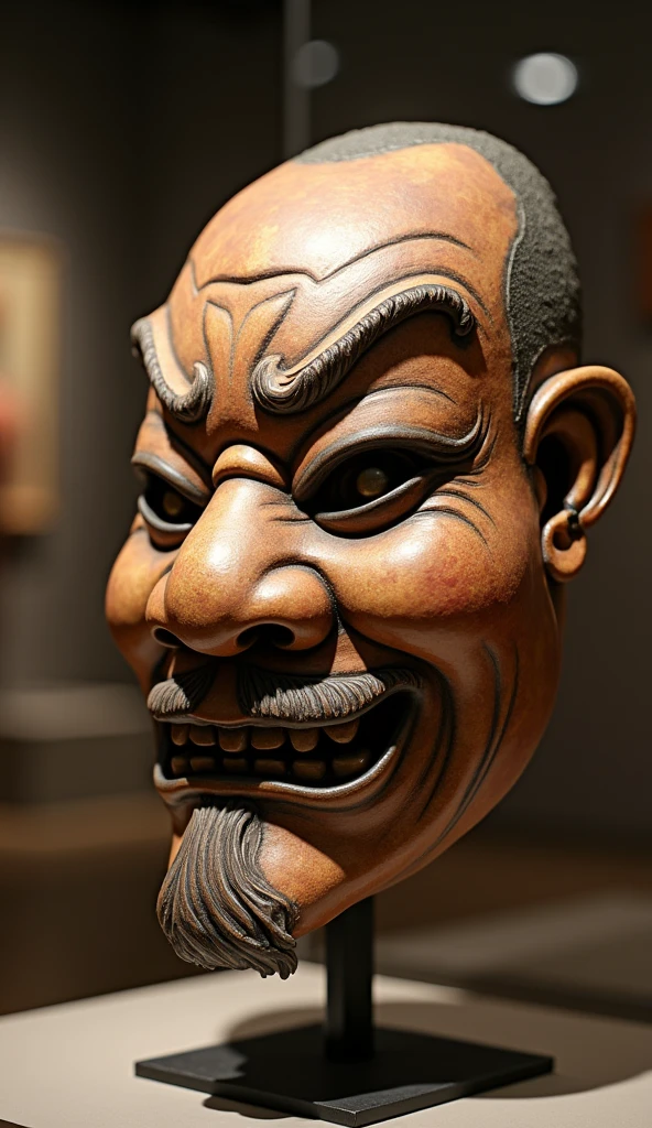 ancient chinese ceramic mask, intricate details on mask, glossy ceramic surface, leaning against a stand, museum exhibition, realistic, HDR,UHD,studio lighting,ultra-fine painting,sharp focus,physically-based rendering,extreme detail description,professional,vivid colors,bokeh,fantasy art