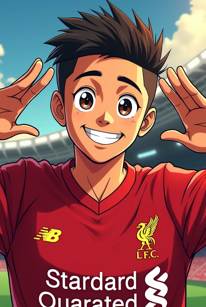 Handsome young man smiles Toriyama Akira style and saluts while wearing a Liverpool shirt. standing in cartoon style illustration Detailed and colorful Dynamic photography, realistic high-quality colorful poses.