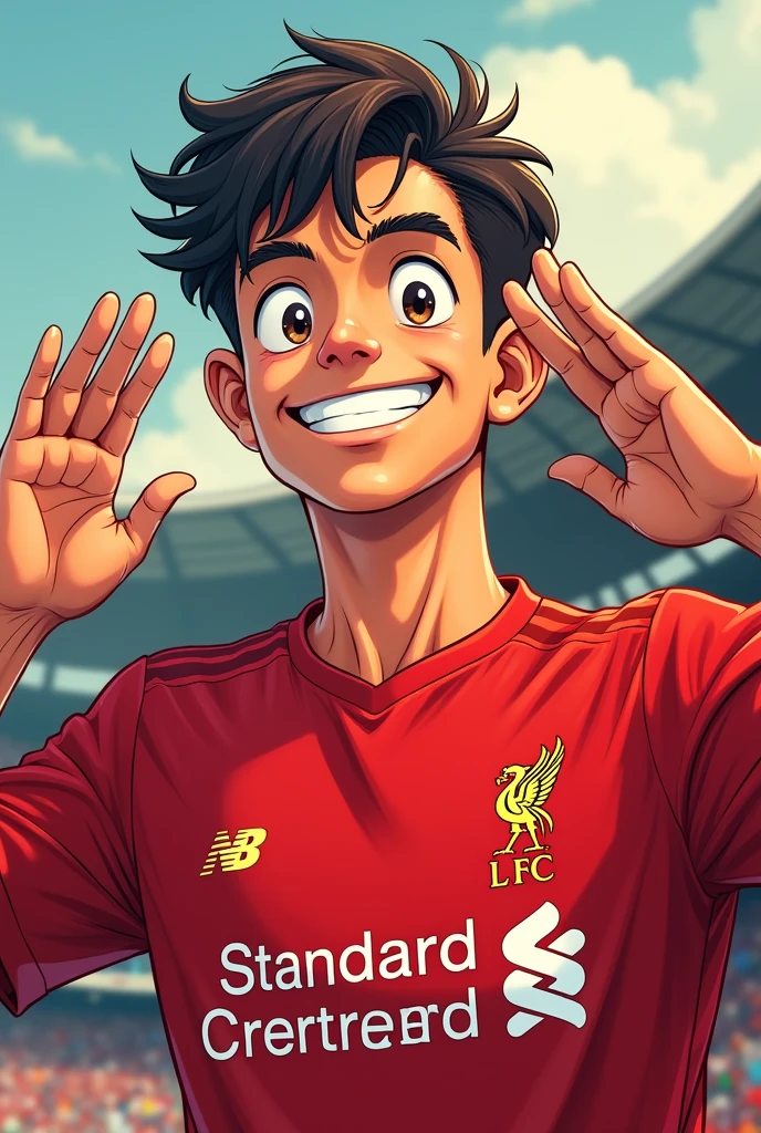 Handsome young man smiles Toriyama Akira style and saluts while wearing a Liverpool shirt. standing in cartoon style illustration Detailed and colorful Dynamic photography, realistic high-quality colorful poses.
