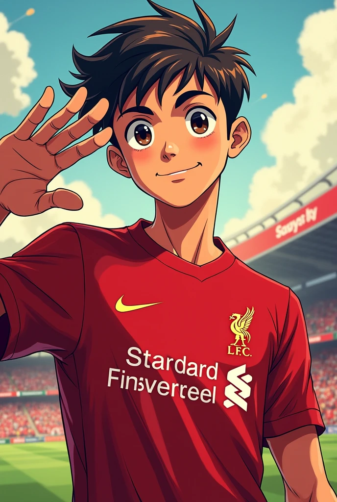 Handsome young man smiles Toriyama Akira style and saluts while wearing a Liverpool shirt. standing in cartoon style illustration Detailed and colorful Dynamic photography, realistic high-quality colorful poses.
