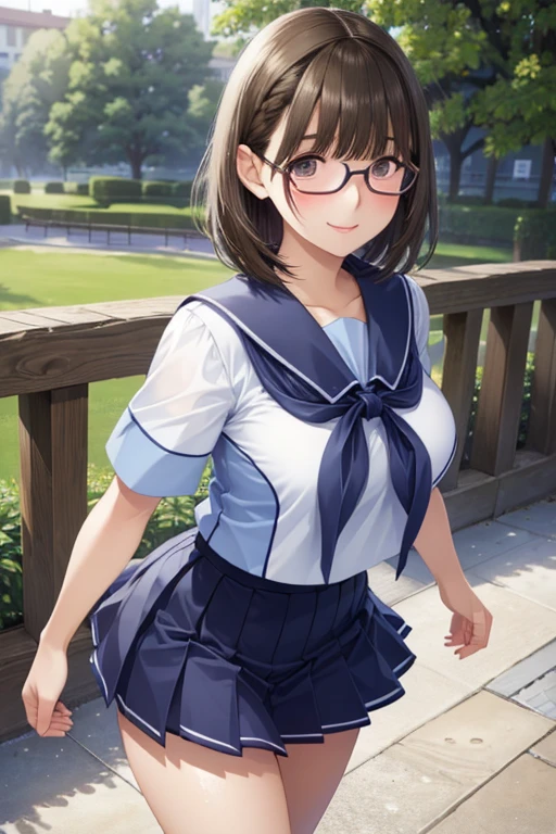 anegasaki nene、Shiny brown hair, short hair, (Beautiful brown eyes、Sparkling eyes, Fine grain)、smile、Super detailedな目、Highly detailed face, 非常にDetailed eyes,Cowboy Shot、



(masterpiece:1.3, 最high quality, 超High resolution, Super detailed), (Realistic, photoRealistic:1.4), (high quality, High resolution, The finer details), Sidewalk, Side view, alone, girl, Braid,  Sparkling eyes, (large round frame glasses), (Detailed eyes), Large Breasts, ((優しいsmile)), blush, Sweat, Oily skin, (Focus Face), Shallow depth of field、Short-sleeved white sailor suit、Navy blue mini pleated skirt、Very short mini skirt、Bare thighs、


Professional Lighting,Realistic Shadows,Focus Only,Beautiful Hands,Beautiful fingers,Detailed characteristics of the fingers,Detailed arm functions,Detailed clothing features,Detailed hair features,Detailed facial features,(Tabletop,最high quality,超High resolution出力画像,) ,(8K quality,),(Picture Mode Ultra HD,)