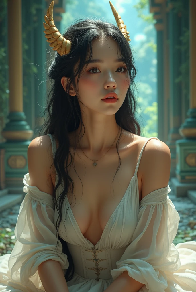 (masterpiece,Highest quality:1.4),(8k,RAW Photos,Photorealistic:1.4),Ultra-high resolution, ,(Glowing Skin:1.4),Detailed肌,Detailed顔,Detailed目,(Beautiful and shining eyes:1.2),Symmetrical eyes,Detailed耳,One person,Natural Makeup,(((Idol))),,Detailed背景,Vivid background,Beautiful and shiny hair,,((Average age breasts)),,(Detailed Goddess of Norse mythology,Sexy Costumes,Mystical temple,full body),Beautiful Asian face,((Sharp Face)),Natural light,sit,(Very detailed ,,online shopping,LUMINE® Market,),real,,Professional,(Detailed,Location was great.),