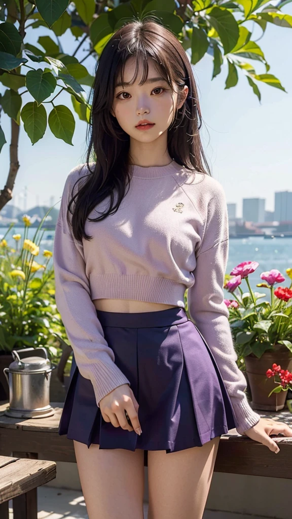 (masterpiece, Highest quality, High resolution), I grew four flowers. (oshi no ko), Sian Carcadigan, Summer Sweater, thin_purple_shirt,mini skirt, Are standing, Open clothes, alone,