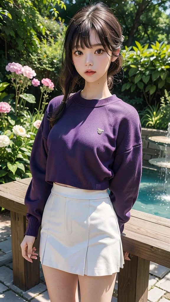 (masterpiece, Highest quality, High resolution), I grew four flowers. (oshi no ko), Sian Carcadigan, Summer Sweater, thin_purple_shirt,mini skirt, Are standing, Open clothes, alone,