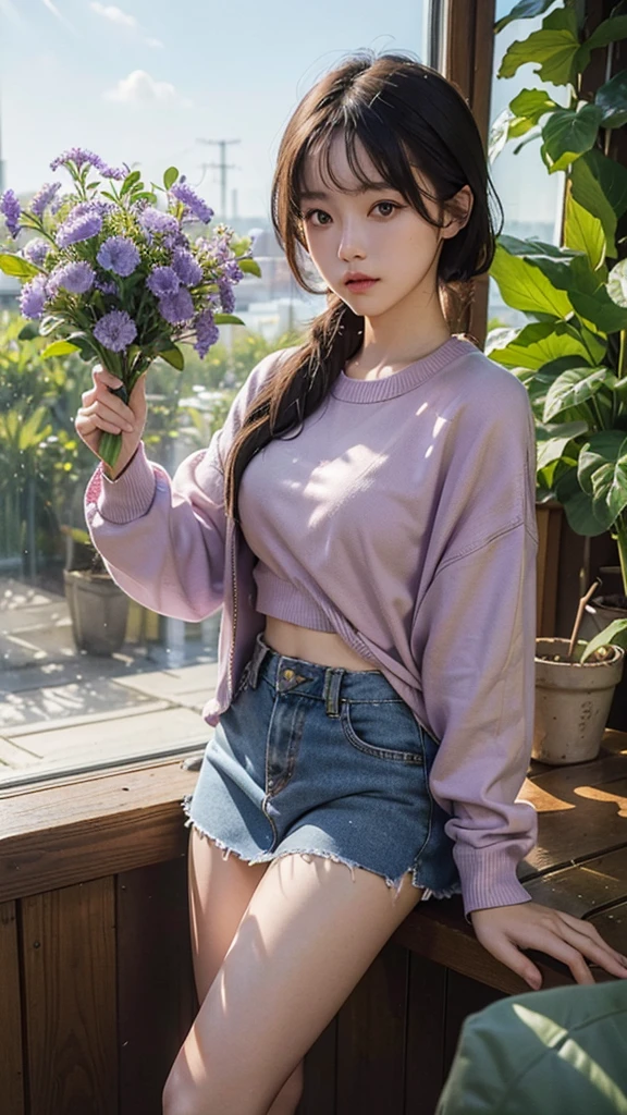(masterpiece, Highest quality, High resolution), I grew four flowers. (oshi no ko), Sian Carcadigan, Summer Sweater, thin_purple_shirt,mini skirt, Are standing, Open clothes, alone,