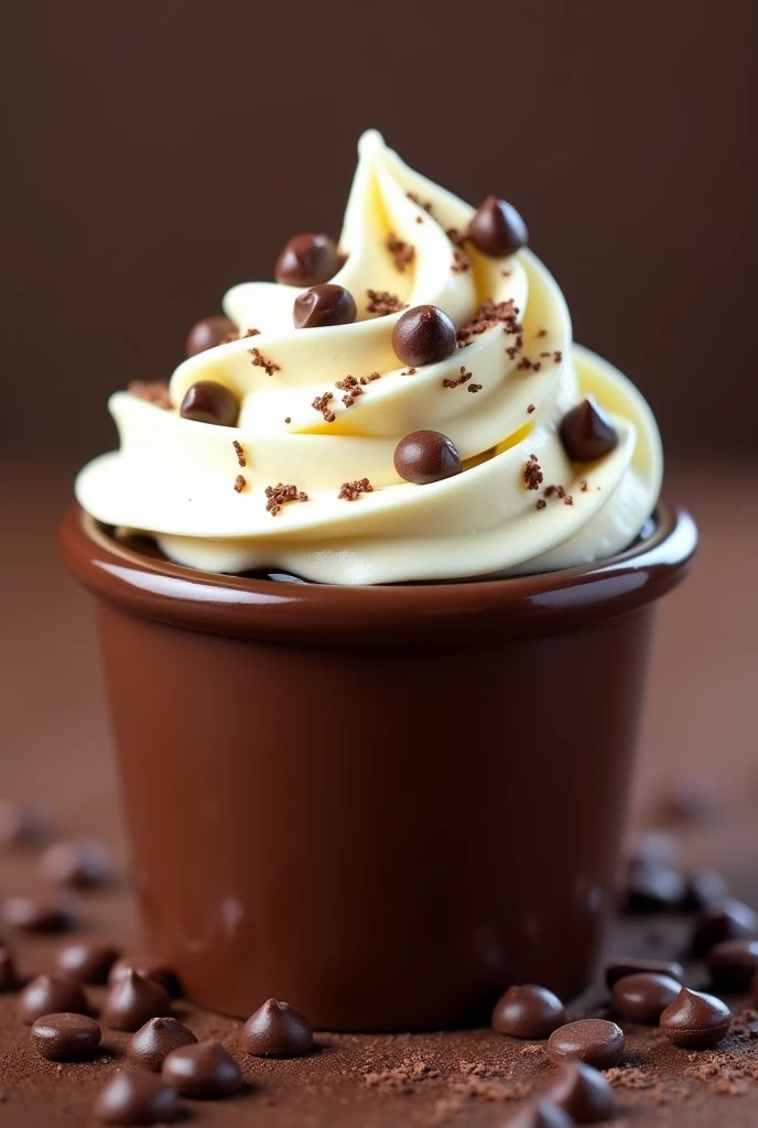 Pudding in a chocolate-flavored cup with white fla and choco chips on top