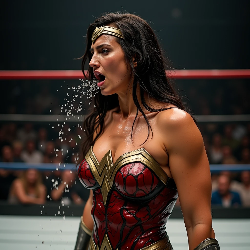 (sweaty)(muscular)A very sweaty Wonder Woman is vomiting in the ring, she spits out lot of visible liquid repeatedly. Lot and Lot of liquid continously dropping from her mouth to the floor. There is lot of sweat on her muscular body. She's coughing and breathing hard.