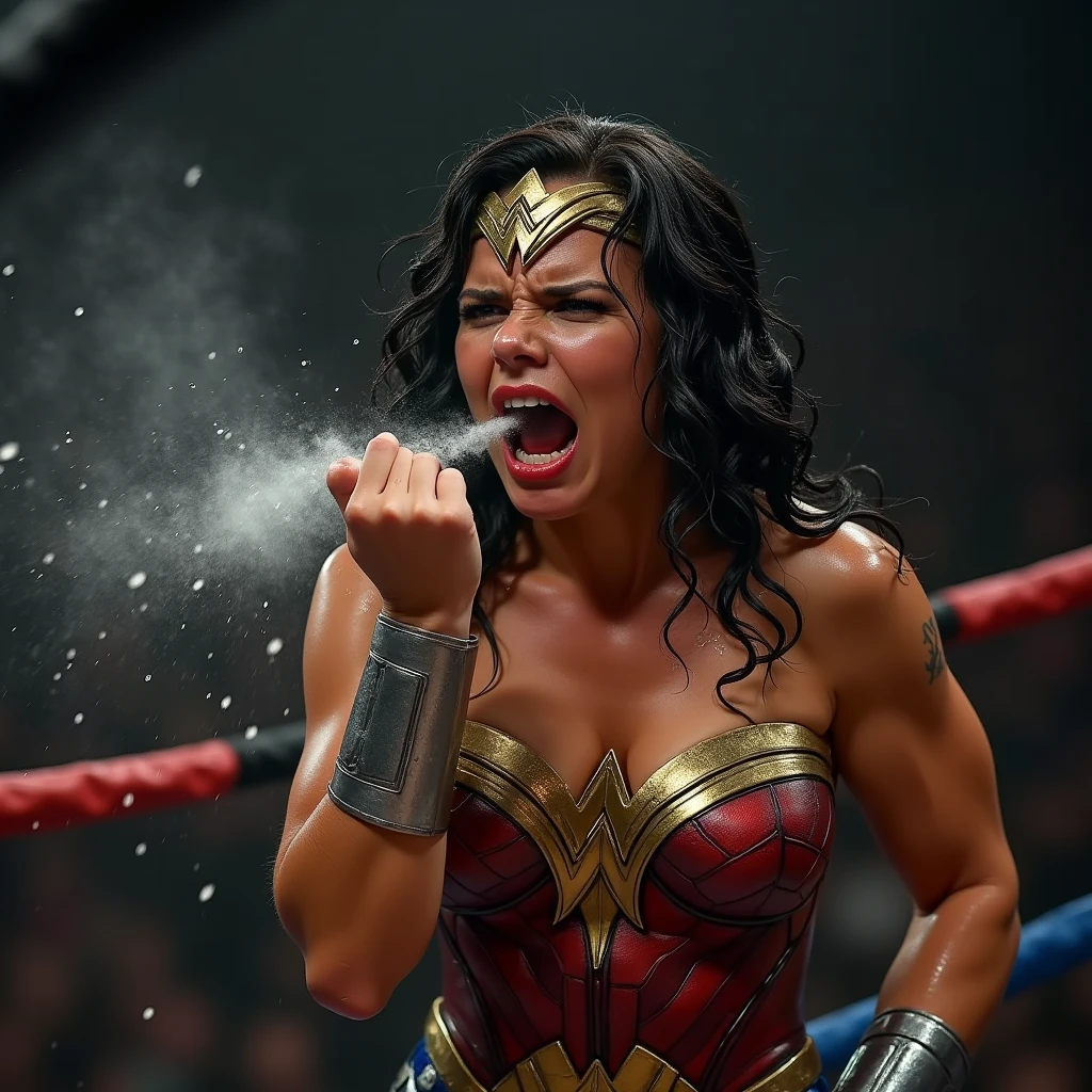 (sweaty)(muscular)A very sweaty Wonder Woman is vomiting in the ring, she spits out lot of visible liquid repeatedly. Lot and Lot of liquid continously dropping from her mouth to the floor. There is lot of sweat on her muscular body. She's coughing and breathing hard.
