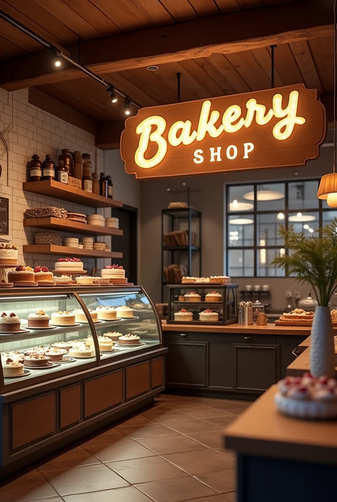 "Create a detailed image of a cozy bakery shop interior with a large sign that reads " Bakery shop ". Include a display case featuring a variety of cakes, including a decorated photo cake with a custom image on it. The setting should be inviting, with warm lighting and a charming, rustic design."