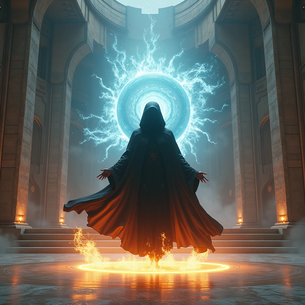 a beautiful black hooded robed cyborg meditating and levitating as sphere of fire surrounds his body in front of a large firey blue 3d volumetric metaball portal glowing and emitting rays of distortion beams that distort matter in a stone arena of stone arched doors