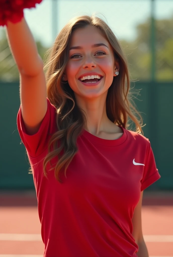 A beautiful girl is cheer leader, t shirt red, looking viewer, facing the viewer, excitement on the face, hand lifting cheerleading flower, back ground at tennis. realictics, You should not describe the chest and genital areas.