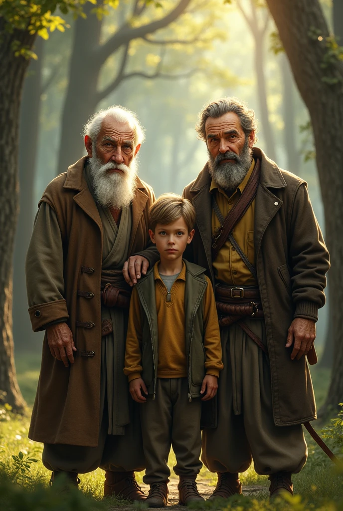 Three generations of men, a wizened grandfather, middle-aged father, and young grandson, stand together in a sun-dappled forest clearing. Hyper-realistic details capture every wrinkle, freckle, and glimmer in their eyes. Dappled light emphasizes familial resemblance. Nostalgic atmosphere evokes timeless bond.