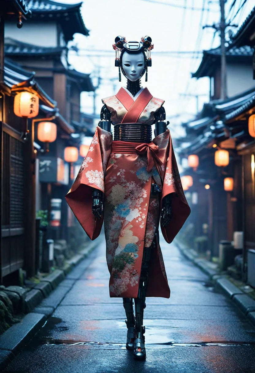 Creating an image of a female android in a beautiful kimono walking through the streets of Kyoto. The style is terrible, and the fusion of humans and robots has a mysterious and creepy atmosphere amidst the beauty. In the background is an old Japanese cityscape. It has a long neck made of machines and wears a mask. Imagine a strange and eerie picture - Ar 9:16.
creepy atmosphere, fusion, horror, Japanese cityscape, long neck, robots, v 6