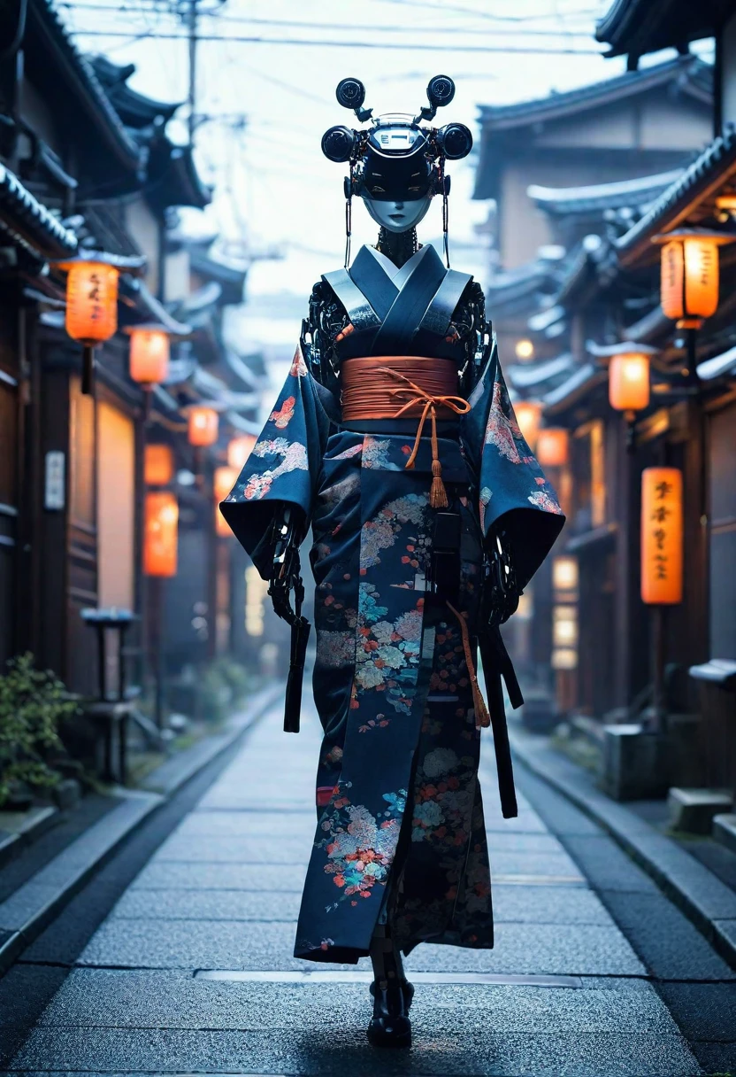 Creating an image of a female android in a beautiful kimono walking through the streets of Kyoto. The style is terrible, and the fusion of humans and robots has a mysterious and creepy atmosphere amidst the beauty. In the background is an old Japanese cityscape. It has a long neck made of machines and wears a mask. Imagine a strange and eerie picture - Ar 9:16.
creepy atmosphere, fusion, horror, Japanese cityscape, long neck, robots, v 6