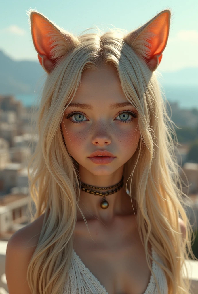 Closeup of a girl, adolescent, alone, aesthetic artwork, blonde, straight blonde hair, super long blonde hair, light blue eyes, some small freckles, Pale skin, small breasts, runner's body, (thin hips, Thin waist: 1.25), detailed skin, neutral face, lips parted, (taking action, crouched: 1.3), with choker with bell, cat ear, cat eyes, (cat claws: 1.5), (Whole body: 1.1), fondo de techo de ciudad Very detailed, rooftop, overlooking the ancient Greek city, 24 mm, 4K textures, soft cinematic light, Intricate RAW, elegant, Very detailed, sharp focus, ((((cinematic look)))), relaxing tones, incredible details, intricate details, hyperdetailed, low contrast, soft cinematic light, muted colors, exposure combination, HdR, discolored INFORMATION