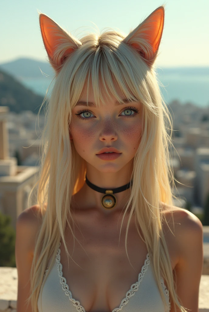 Closeup of a girl, adolescent, alone, aesthetic artwork, blonde, straight blonde hair, super long blonde hair, light blue eyes, some small freckles, Pale skin, small breasts, runner's body, (thin hips, Thin waist: 1.25), detailed skin, neutral face, lips parted, (taking action, crouched: 1.3), with choker with bell, cat ear, cat eyes, (cat claws: 1.5), (Whole body: 1.1), fondo de techo de ciudad Very detailed, rooftop, overlooking the ancient Greek city, 24 mm, 4K textures, soft cinematic light, Intricate RAW, elegant, Very detailed, sharp focus, ((((cinematic look)))), relaxing tones, incredible details, intricate details, hyperdetailed, low contrast, soft cinematic light, muted colors, exposure combination, HdR, discolored INFORMATION