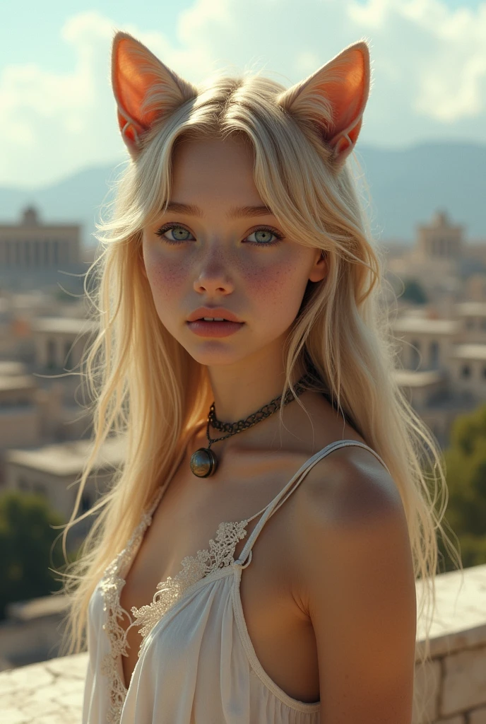 Closeup of a girl, adolescent, alone, aesthetic artwork, blonde, straight blonde hair, super long blonde hair, light blue eyes, some small freckles, Pale skin, small breasts, runner's body, (thin hips, Thin waist: 1.25), detailed skin, neutral face, lips parted, (taking action, crouched: 1.3), with choker with bell, cat ear, cat eyes, (cat claws: 1.5), (Whole body: 1.1), fondo de techo de ciudad Very detailed, rooftop, overlooking the ancient Greek city, 24 mm, 4K textures, soft cinematic light, Intricate RAW, elegant, Very detailed, sharp focus, ((((cinematic look)))), relaxing tones, incredible details, intricate details, hyperdetailed, low contrast, soft cinematic light, muted colors, exposure combination, HdR, discolored INFORMATION